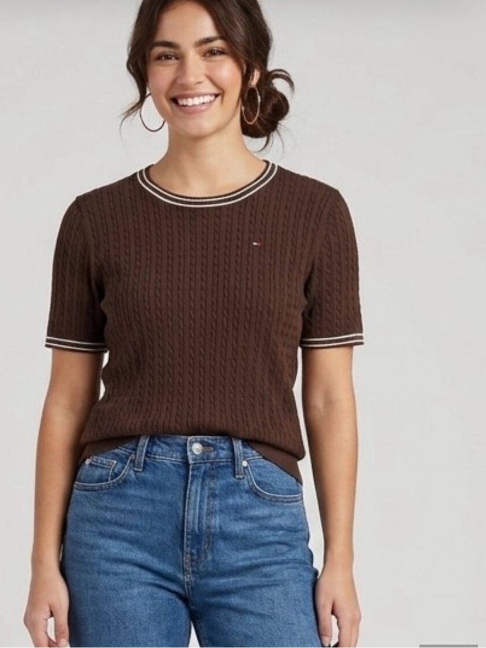 Tommy Hilfiger Brown Short Sleeve Preppy Cable Knit Classic Crew Neck Sweater XL
